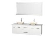 Wyndham Collection Centra 72 inch Double Bathroom Vanity in Matte White White Man Made Stone Countertop Pyra Bone Porcelain Sinks and 70 inch Mirror