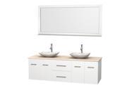 Wyndham Collection Centra 72 inch Double Bathroom Vanity in Matte White Ivory Marble Countertop Arista White Carrera Marble Sinks and 70 inch Mirror