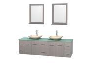 Wyndham Collection Centra 80 inch Double Bathroom Vanity in Gray Oak Green Glass Countertop Arista Ivory Marble Sinks and 24 inch Mirrors