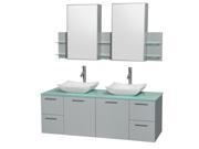 Wyndham Collection Amare 60 inch Double Bathroom Vanity in Dove Gray Green Glass Countertop Avalon White Carrera Marble Sinks and Medicine Cabinet