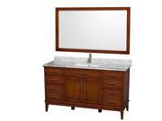 Wyndham Collection Hatton 60 inch Single Bathroom Vanity in Light Chestnut White Carrera Marble Countertop Undermount Square Sink and 56 inch Mirror