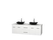 Wyndham Collection Centra 72 inch Double Bathroom Vanity in Matte White White Carrera Marble Countertop Arista Black Granite Sinks and No Mirror
