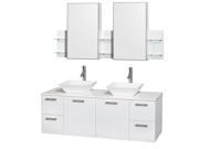 Wyndham Collection Amare 60 inch Double Bathroom Vanity in Glossy White White Man Made Stone Countertop Pyra White Sinks and Medicine Cabinets