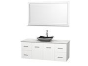 Wyndham Collection Centra 60 inch Single Bathroom Vanity in Matte White White Carrera Marble Countertop Altair Black Granite Sink and 58 inch Mirror