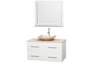Wyndham Collection Centra 42 inch Single Bathroom Vanity in Matte White Ivory Marble Countertop Arista Ivory Marble Sink and 36 inch Mirror