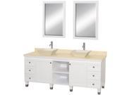 Wyndham Collection Premiere 72 inch Double Bathroom Vanity in White Ivory Marble Countertop Pyra Bone Porcelain Sinks and 24 inch Mirrors