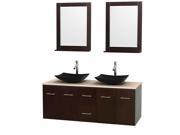 Wyndham Collection Centra 60 inch Double Bathroom Vanity in Espresso Ivory Marble Countertop Arista Black Granite Sinks and 24 inch Mirrors