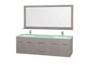 Wyndham Collection Centra 72 inch Double Bathroom Vanity in Gray Oak Green Glass Countertop Square Porcelain Undermount Sinks and 70 inch Mirror