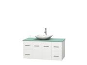 Wyndham Collection Centra 48 inch Single Bathroom Vanity in Matte White Green Glass Countertop Arista White Carrera Marble Sink and No Mirror