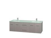 Wyndham Collection Centra 72 inch Double Bathroom Vanity in Gray Oak Green Glass Countertop Undermount Square Sinks and No Mirror