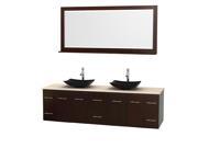 Wyndham Collection Centra 80 inch Double Bathroom Vanity in Espresso Ivory Marble Countertop Arista Black Granite Sinks and 70 inch Mirror