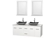 Wyndham Collection Centra 60 inch Double Bathroom Vanity in Matte White White Carrera Marble Countertop Altair Black Granite Sinks and 24 inch Mirrors