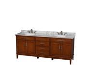 Wyndham Collection Hatton 80 inch Double Bathroom Vanity in Light Chestnut White Carrera Marble Countertop Undermount Oval Sinks and No Mirror