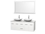Wyndham Collection Centra 60 inch Double Bathroom Vanity in Matte White White Carrera Marble Countertop Arista White Carrera Marble Sinks and 58 inch Mirr