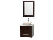 Wyndham Collection Centra 24 inch Single Bathroom Vanity in Espresso White Carrera Marble Countertop Pyra Bone Porcelain Sink and 24 inch Mirror