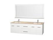 Wyndham Collection Centra 72 inch Double Bathroom Vanity in Matte White Ivory Marble Countertop Square Porcelain Undermount Sinks and 70 inch Mirror