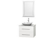 Wyndham Collection Centra 30 inch Single Bathroom Vanity in Matte White White Carrera Marble Countertop Avalon White Carrera Marble Sink and 24 inch Mirro