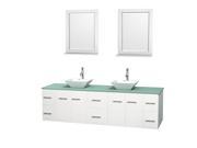 Wyndham Collection Centra 80 inch Double Bathroom Vanity in Matte White Green Glass Countertop Pyra White Porcelain Sinks and 24 inch Mirrors