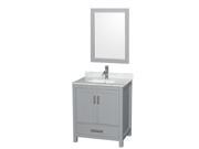 Wyndham Collection Sheffield 30 inch Single Bathroom Vanity in Gray White Carrera Marble Countertop Undermount Square Sink and 24 inch Mirror