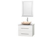 Wyndham Collection Centra 30 inch Single Bathroom Vanity in Matte White White Carrera Marble Countertop Avalon Ivory Marble Sink and 24 inch Mirror
