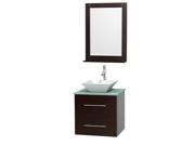 Wyndham Collection Centra 24 inch Single Bathroom Vanity in Espresso Green Glass Countertop Pyra White Porcelain Sink and 24 inch Mirror