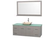 Wyndham Collection Centra 60 inch Single Bathroom Vanity in Gray Oak Green Glass Countertop Avalon Ivory Marble Sink and 58 inch Mirror