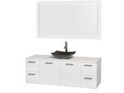 Wyndham Collection Amare 60 inch Single Bathroom Vanity in Glossy White White Man Made Stone Countertop Arista Black Granite Sink and 58 inch Mirror