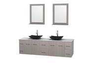 Wyndham Collection Centra 80 inch Double Bathroom Vanity in Gray Oak White Carrera Marble Countertop Arista Black Granite Sinks and 24 inch Mirrors