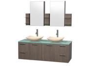 Wyndham Collection Amare 60 inch Double Bathroom Vanity in Gray Oak Green Glass Countertop Arista Ivory Marble Sinks and Medicine Cabinets