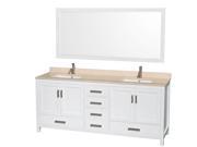 Wyndham Collection Sheffield 80 inch Double Bathroom Vanity in White Ivory Marble Countertop Undermount Square Sinks and 70 inch Mirror