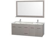 Wyndham Collection Centra 60 inch Double Bathroom Vanity in Gray Oak White Carrera Marble Countertop Square Porcelain Undermount Sinks and 58 inch Mirror