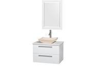 Wyndham Collection Amare 30 inch Single Bathroom Vanity in Glossy White White Man Made Stone Countertop Avalon Ivory Marble Sink and 24 inch Mirror