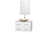 Wyndham Collection Centra 36 inch Single Bathroom Vanity in Matte White White Carrera Marble Countertop Arista Ivory Marble Sink and 24 inch Mirror