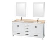Wyndham Collection Sheffield 72 inch Double Bathroom Vanity in White Ivory Marble Countertop Undermount Square Sinks and Medicine Cabinets