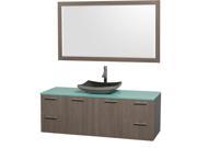 Wyndham Collection Amare 60 inch Single Bathroom Vanity in Gray Oak with Green Glass Top with Black Granite Sink and 58 inch Mirror