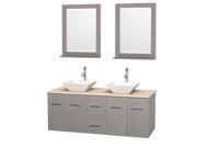 Wyndham Collection Centra 60 inch Double Bathroom Vanity in Gray Oak Ivory Marble Countertop Pyra White Porcelain Sinks and 24 inch Mirrors
