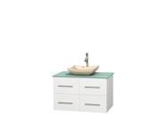 Wyndham Collection Centra 36 inch Single Bathroom Vanity in Matte White Green Glass Countertop Avalon Ivory Marble Sink and No Mirror