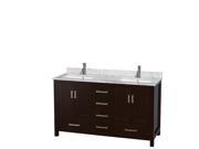 Wyndham Collection Sheffield 60 inch Double Bathroom Vanity in Espresso White Carrera Marble Countertop Undermount Square Sinks and No Mirror