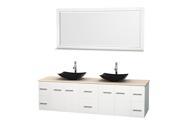 Wyndham Collection Centra 80 inch Double Bathroom Vanity in Matte White Ivory Marble Countertop Arista Black Granite Sinks and 70 inch Mirror