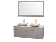 Wyndham Collection Centra 60 inch Double Bathroom Vanity in Gray Oak White Carrera Marble Countertop Avalon Ivory Marble Sinks and 58 inch Mirror