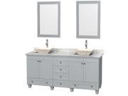 Wyndham Collection Acclaim 72 inch Double Bathroom Vanity in Oyster Gray White Carrera Marble Countertop Pyra Bone Porcelain Sinks and 24 inch Mirrors