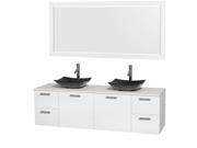 Wyndham Collection Amare 72 inch Double Bathroom Vanity in Glossy White White Man Made Stone Countertop Arista Black Granite Sinks and 70 inch Mirror