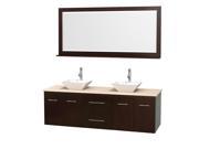 Wyndham Collection Centra 72 inch Double Bathroom Vanity in Espresso Ivory Marble Countertop Pyra White Porcelain Sinks and 70 inch Mirror