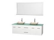 Wyndham Collection Centra 72 inch Double Bathroom Vanity in Matte White Green Glass Countertop Avalon Ivory Marble Sinks and 70 inch Mirror