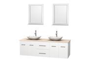 Wyndham Collection Centra 72 inch Double Bathroom Vanity in Matte White Ivory Marble Countertop Arista White Carrera Marble Sinks and 24 inch Mirrors