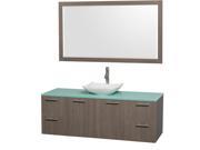 Wyndham Collection Amare 60 inch Single Bathroom Vanity in Gray Oak Green Glass Countertop Arista White Carrera Marble Sink and 58 inch Mirror