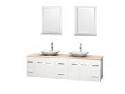 Wyndham Collection Centra 80 inch Double Bathroom Vanity in Matte White Ivory Marble Countertop Arista White Carrera Marble Sinks and 24 inch Mirrors