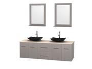 Wyndham Collection Centra 72 inch Double Bathroom Vanity in Gray Oak Ivory Marble Countertop Arista Black Granite Sinks and 24 inch Mirrors