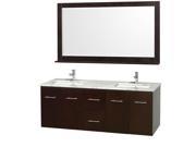 Wyndham Collection Centra 60 inch Double Bathroom Vanity in Espresso White Carrera Marble Countertop Square Porcelain Undermount Sinks and 58 inch Mirror