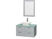Wyndham Collection Amare 36 inch Single Bathroom Vanity in Dove Gray Green Glass Countertop Pyra Bone Porcelain Sink and 24 inch Mirror